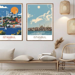 Cartaz de viagem com horizonte de Istambul, Turquia, impressão em papel, estreito de Bósforo, Istambul, tela, arte de viagem vintage, pôster de parede, ilustração de Turquia, presente