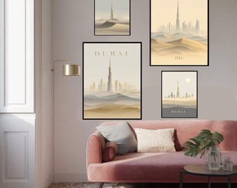 Dubai Minimalist Travel Poster Modern Skyline Wall Art Burj Khalifa Gold Beige Geometric Flat Design Elegant Middle East Decor