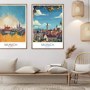 München Skyline Deutschland Poster Reise Papier Druck München Bayern Marienplatz Leinwand Vintage Reise Kunst Poster Wand Deutschland Illustration Geschenk