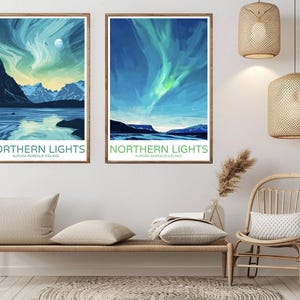 Poster di viaggio con aurora boreale, stampa su carta, poster di viaggio vintage, illustrazione da parete, regalo, Aurora Boreale, Islanda