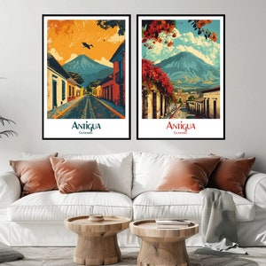 Antigua Guatemala Travel Poster: Vintage Volcano Art Print