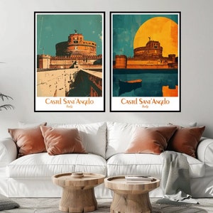 May include: Two vintage travel posters featuring a view of Castel Sant'Angelo in Rome, Italy. The posters are in a teal and orange color scheme with a yellow sun in the top right corner of the poster on the right.