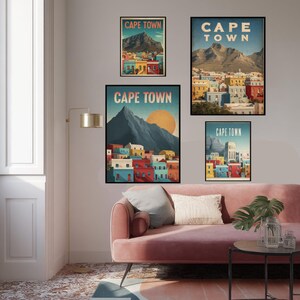 Affiche de voyage rétro du Cap Afrique du Sud Art déco impression montagne Table Art mural Bo Kaap Design décoration d'intérieur nostalgique