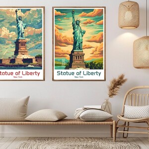 Statua della Libertà New York Poster Carta da viaggio Stampa Ellis Island Statua della Libertà Tela Vintage Travel Art Poster da parete USA Illustrazione Regalo