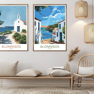 Alonissos Grecia Poster Carta da viaggio Stampa Isola greca Alonissos Mar Egeo Tela Vintage Poster da viaggio Arte Parete Grecia Illustrazione Regalo