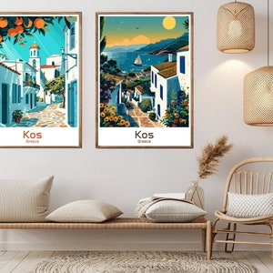 Kos Grecia Poster Carta da viaggio Stampa Grecia Isola di Kos Rodi Mar Egeo Tela Vintage Travel Art Poster da parete Grecia Illustrazione Regalo