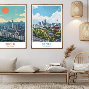 Skyline Seoul South Korea Poster Travel Paper Print Seoul Sunset Canvas Vintage Travel Art Poster Wall South Korea Illustration Gift