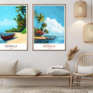 Póster de viaje de Kerala, India, impresión en papel, estado de Kerala, India, naturaleza, playa, lienzo, póster de viaje vintage, arte de pared, ilustración digital, regalo