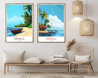 Póster de viaje de Kerala, India: Ilustración de playa de estilo vintage
