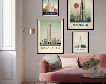 New Haven Connecticut Travel Poster Art Print, Vintage Art Deco Wall Art, Yale University Decor, Retro New Haven Gift, Connecticut Wall Art