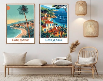 Póster de la Costa Azul de Francia, Impresión de papel de viaje, Playa, Riviera francesa, Mónaco, Lienzo, Póster artístico de viaje vintage, Ilustración de pared de Francia, Regalo