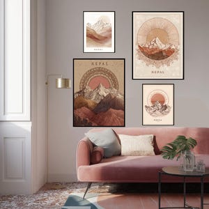 Nepal Boho Poster Himalayan Mountains Abstract Earthy Tones Minimalist Line Art Spiritual Wall Decor Rustic Travel Print