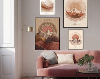 Nepal Himalayan Print: Boho Mountain Line Art, Earthy Tones