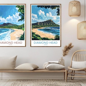 Diamond Head Hawaii Vintage Travel Poster: Oʻahu Beach Art (Digital Print)