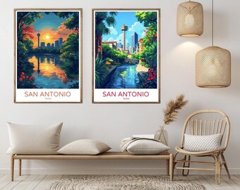 Póster de viaje de San Antonio, Texas: Impresión de arte mural de estilo vintage