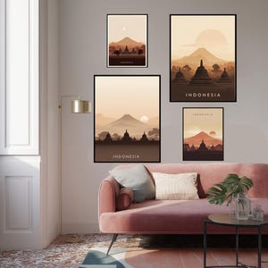 Minimalistisches Reiseplakat Indonesien mit Borobudur Tempel und Vulkan Südostasien Wandkunst modernes Land Print Perfect Home Decor