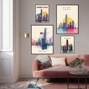 Modern Color Blocking Poster Of Hong Kong With Skyline And Victoria Harbour In Abstract Geometric Style With Pastel And Bold Tones
