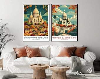 Basilica of Sacré Coeur de Montmartre Travel Poster Canvas Print Vintage Poster Wall Decor Designer France Sacré-Cœur Illustration Print