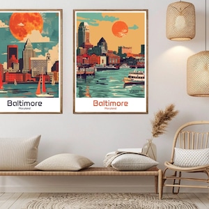 Baltimore, Maryland, affiche de voyage, impression sur papier, Maryland, ville de Baltimore, toile, voyage vintage, affiche d'art murale, illustration des États-Unis, cadeau