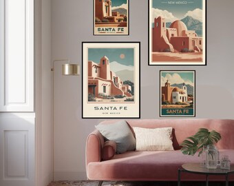 Pôster de viagem retrô de Santa Fé, Novo México, estilo vintage art déco, arte de parede desértica, estampa de paisagem em terracota, decoração aconchegante para casa no sudoeste americano.