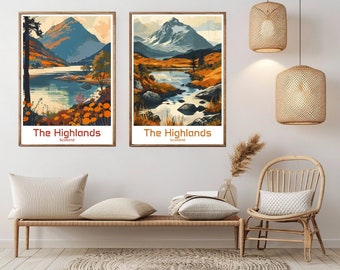 Póster de viaje a las Tierras Altas de Escocia: Ilustración vintage de Escocia