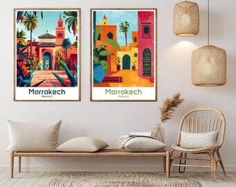 Plakat podróżniczy do Marrakeszu: zabytkowy wydruk artystyczny z Maroka
