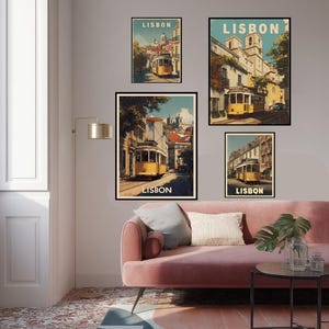 Lisbon Retro Travel Poster With Yellow Tram And Alfama District In Vintage Art Deco Style, Warm Nostalgic Wall Art Print Of Portugal