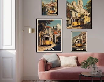 Lisbon Travel Poster: Vintage Art Deco Style, Yellow Tram Print