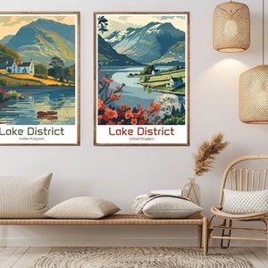 Póster de viaje del Distrito de los Lagos, Reino Unido, impresión en lienzo, póster de pared de viaje vintage del Distrito de los Lagos, decoración del hogar, ilustración de aventura, regalo