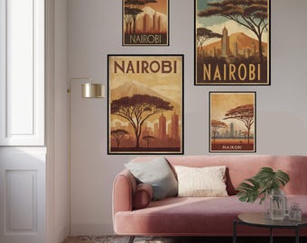 Nairobi Kenya Retro Travel Poster Vintage Africa Art Deco Wall Art Mount Kenya Skyline Print Safari Design Nostalgic Decor