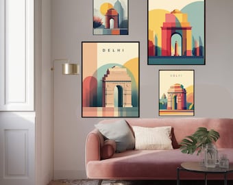 Modern Color Blocking Travel Poster Of Delhi India With Lotus Temple And India Gate In Minimalist Abstract Style Perfect Wall Art Print