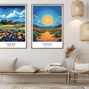Póster de viaje de Texas, impresión en papel, estado de Texas, Houston, Austin, Estados Unidos, lienzo, póster de arte de viaje vintage, ilustración de EE. UU., regalo