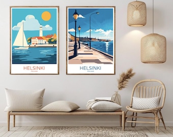 Póster de viaje de Helsinki, Finlandia: Impresión artística vintage de la ciudad