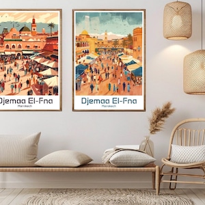 May include: Two framed illustrations of Djemaa El-Fna in Marrakech, Morocco. The illustrations depict a bustling marketplace with people, stalls, and buildings. The text "Djemaa El-Fna" and "Marrakech" is printed below each illustration.