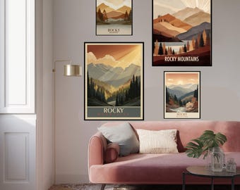 Rocky Mountains Boho Travel Poster Earthy Sand Olive Burnt Orange Wall Art Minimal Landscape Modern Retro Nature Print Home Decor