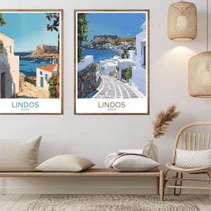 Poster di viaggio sulla spiaggia di Lindos, Grecia, stampa su carta, isola di Lindos, Rodi, Mar Egeo, tela, poster vintage da viaggio, illustrazione da parete, Grecia, regalo
