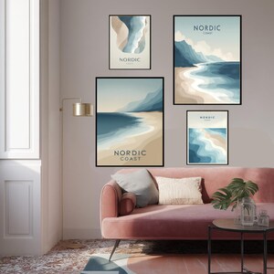 Minimalist Nordic Coast Print: Soft Pastel Scandinavian Landscape