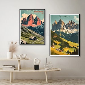 Dolomiten Alpen Italien Poster Dolomiten Berge Leinwand Druck Illustration Vintage Reise Poster Wand Dekor Designer Italien Dolomiten Druck