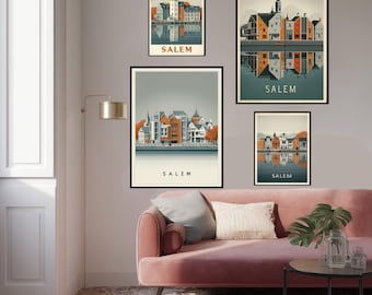 Salem Massachusetts poster Massachusetts historische kunst VS koloniale print reizen muur decor retro reizen ontwerp cadeau