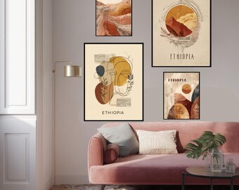Boho Ethiopia Art Print: Abstract Mountains, Tribal Elements, Earthy Colors