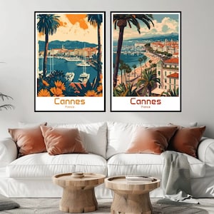 Póster de viaje de Cannes, Francia. Impresión en lienzo de la playa de Cannes. Póster de viaje vintage. Decoración de pared. Diseñador Francia. Impresión de ilustración de Cannes.