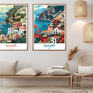 Amalfi Coast Italy Vintage Travel Poster: Beach Illustration Art