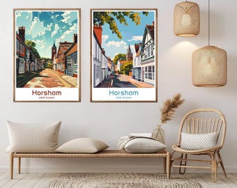 Horsham England Travel Poster: Vintage West Sussex Illustration