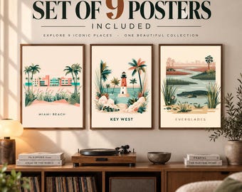 Florida Travel Poster Set of 9, Florida Wall Art, Vintage Travel Prints, Printable Gallery Wall, Miami Beach, Key West, Everglades