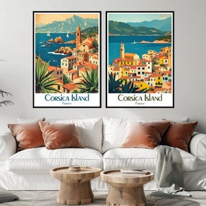 Póster de viaje de Córcega, Francia. Impresión en lienzo de la isla de Córcega. Póster de viaje vintage. Decoración de pared. Diseño de Francia. Impresión de ilustración de Córcega.