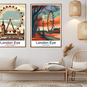 Póster de viaje del London Eye, lienzo impreso, rueda del milenio, Gran Bretaña, póster de pared de viaje vintage, decoración del hogar, ilustración de aventura, regalo