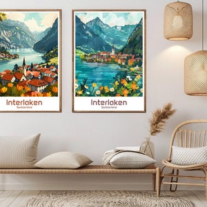 Interlaken suíça cartaz de viagem impressão de papel alpes suíços interlaken lona vintage viagem arte cartaz parede suíça ilustração presente