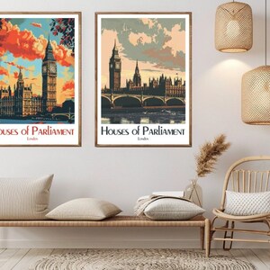 Póster de viaje de las Casas del Parlamento de Londres, lienzo impreso, Londres, Gran Bretaña, póster de pared de viaje vintage, decoración, ilustración de aventura, regalo