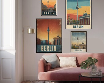Poster di viaggio di Berlino: illustrazione Art Déco vintage, Torre della TV e Porta di Brandeburgo
