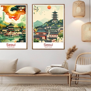Seoul South Korea Poster Travel Paper Print Skyline Seoul Sunset Canvas Vintage Travel Art Poster Wall South Korea Illustration Gift